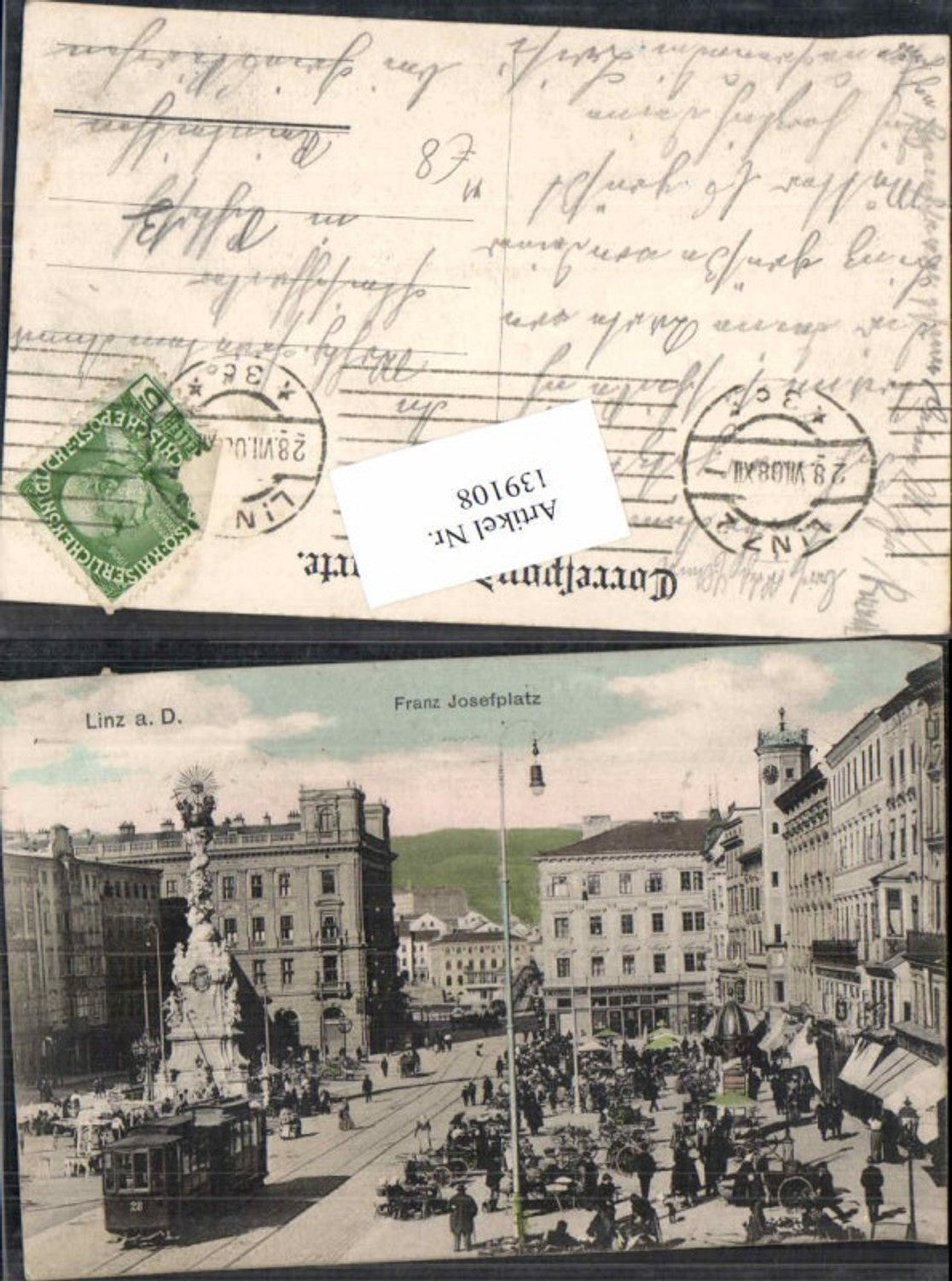 139108,Linz a.d. Donau Franz Josef Platz Strassenbahn Nr 28 Detailansicht Tram