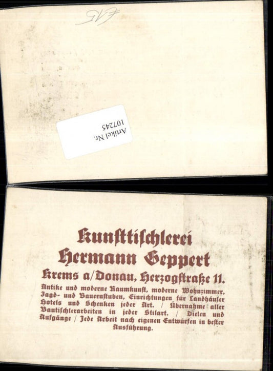 107245,Reklame Kunsttischlerei Hermann Seppert in Krems a.d. Donau