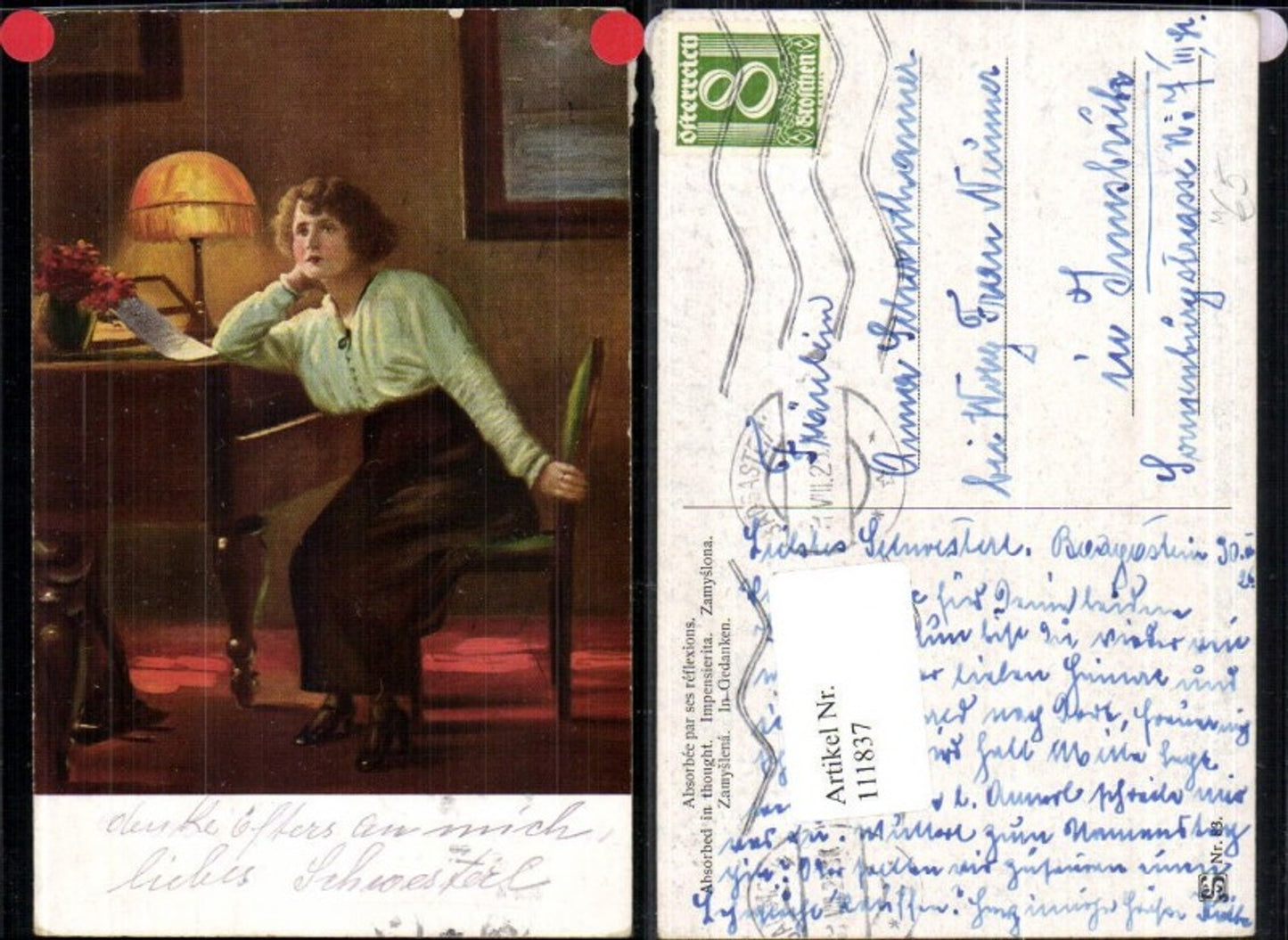 111837,Künstlerkarte Frau in Gedanken auf Sessel