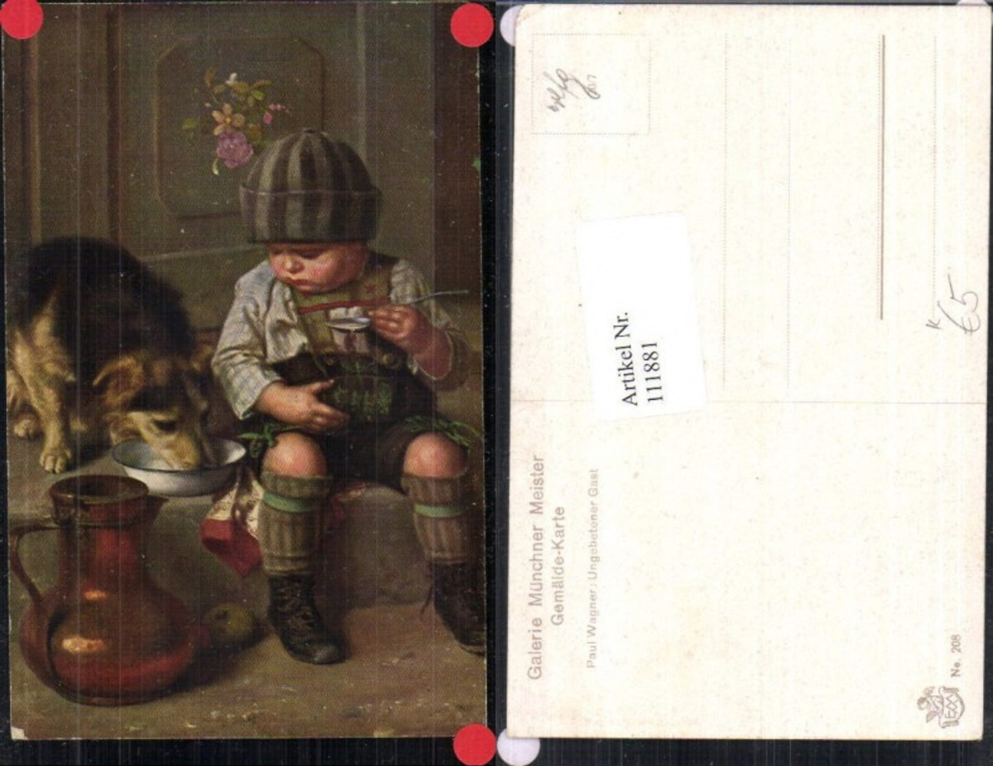111881,Künstlerkarte Paul Wagner Hund beim Trinken Bub Junge Kind