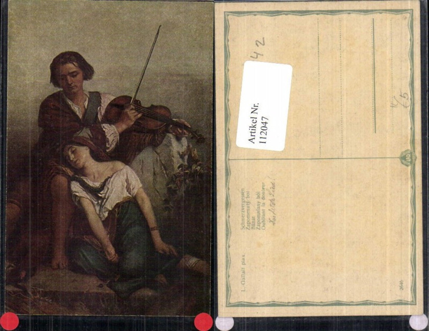 112047,Künstlerkarte L Gallait Mann mit Geige Frau