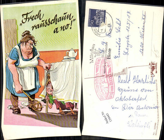 139443,Scherzkarte Emanzipation Frau scheucht Mann hinter Tisch Humor