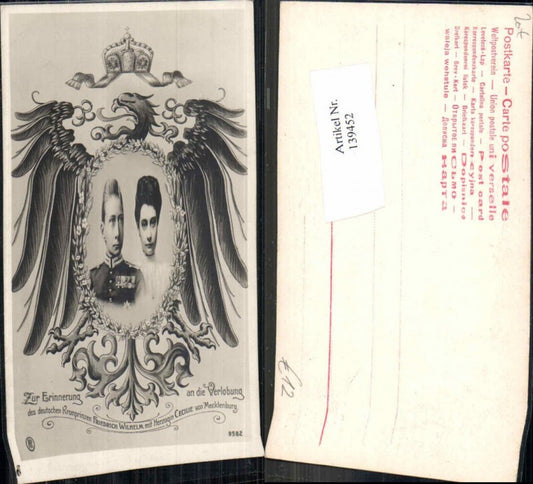 139452,Tolle AK Kronprinz Friedrich Wilhelm Herzogin Cecilie v. Mecklenburg Wappen Adler