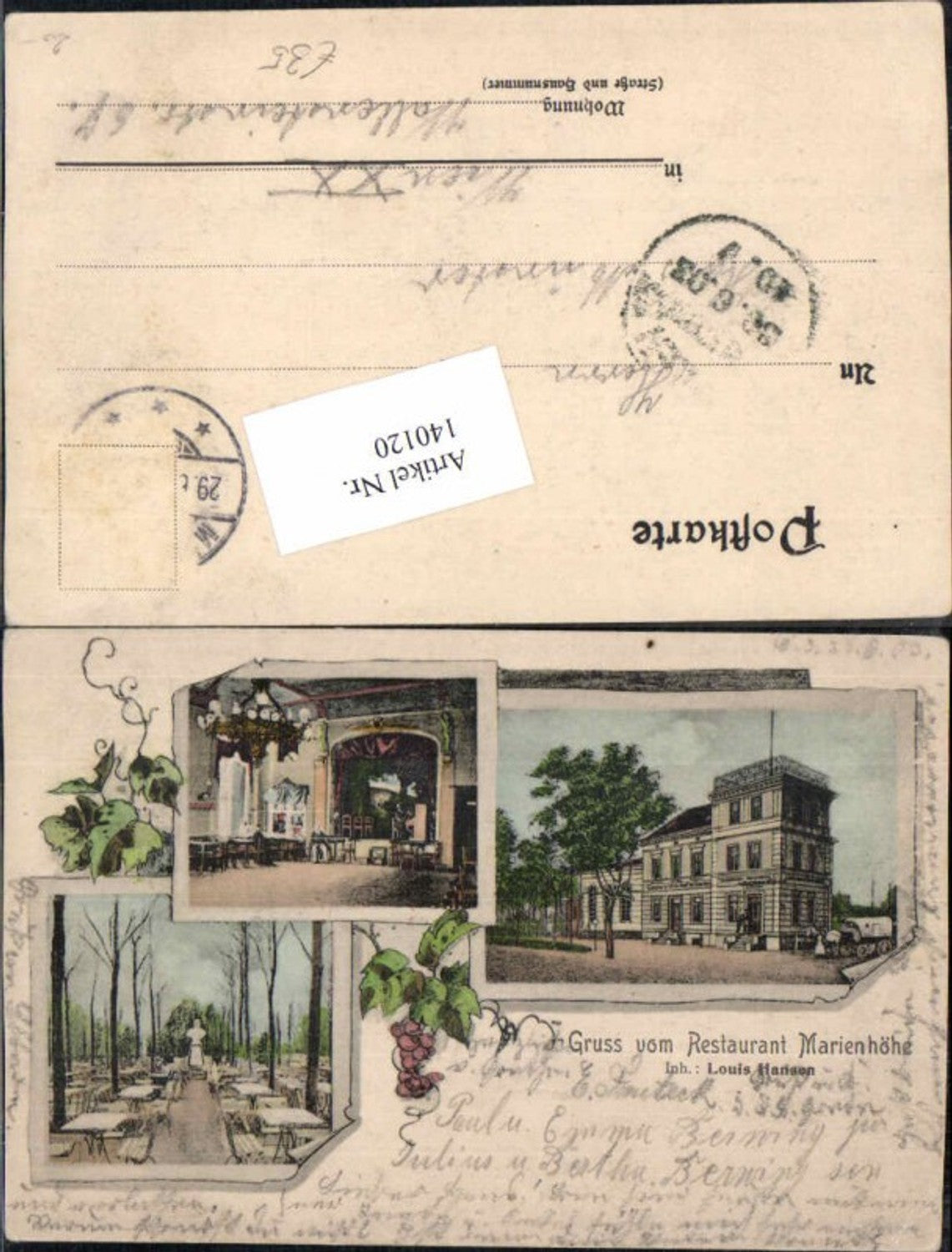 140120,Berlin Tolle AK Gruss vom Restaurant Marienhöhe Tempelhof Schöneberg