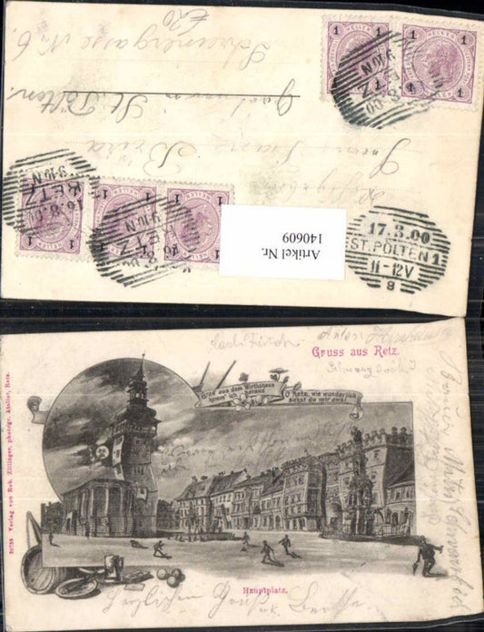 140609,Gruss aus Retz Hauptplatz nach Wirtshaus Besuch Wein Heuriger Scherzkarte Humor