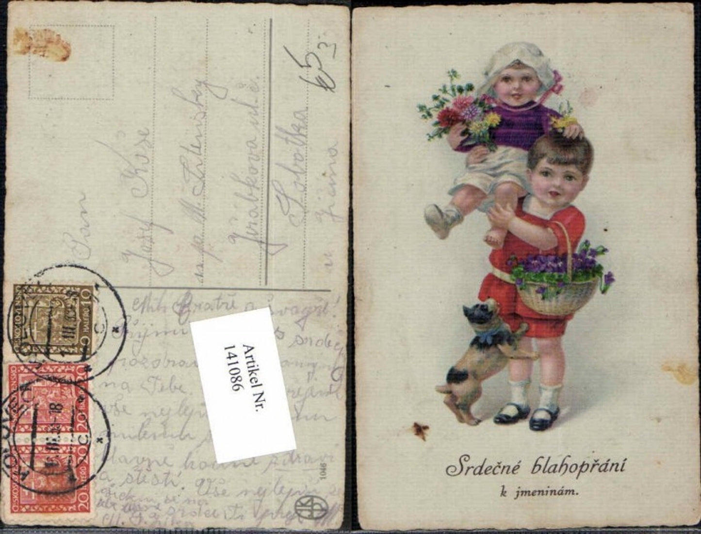 141086,Cute children with flowers and pug dog