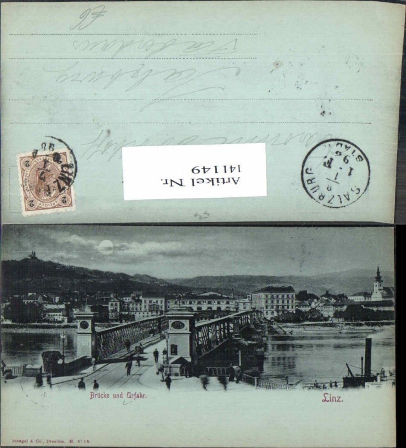 141149,Linz a.d. Donau Mond Litho Brücke m. Urfahr 1900