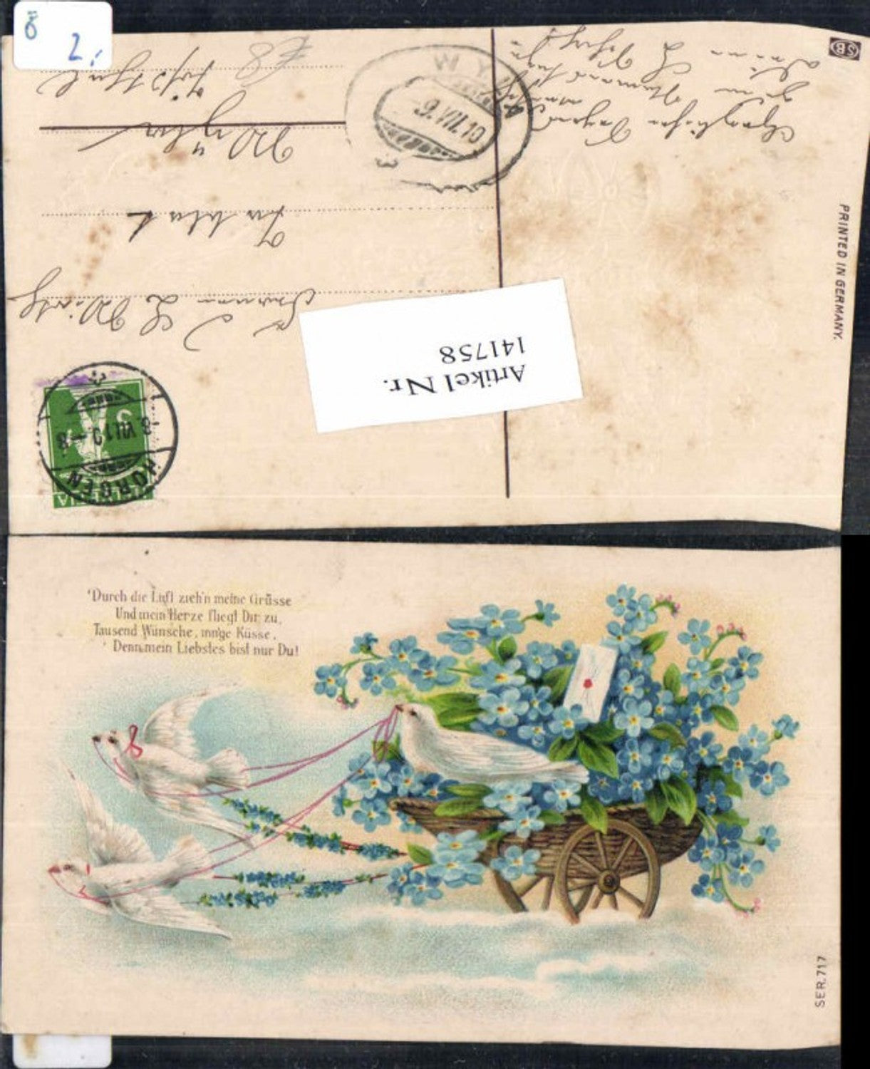 141758,Tolle Präge Litho Tauben ziehen Blumenwagen Blumen Spruch