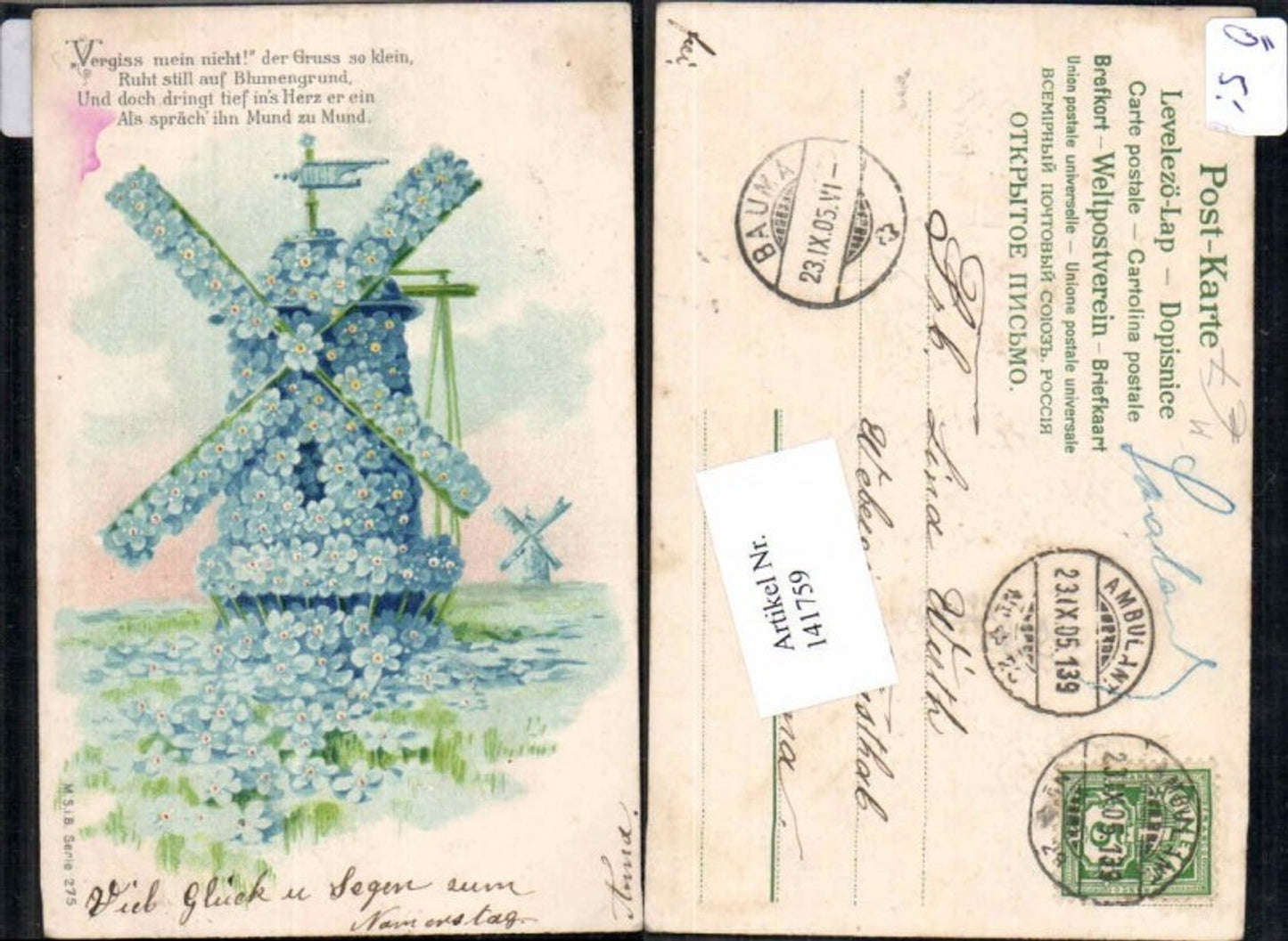 141759,Tolle Präge Litho Blumen Windmühle Mühle M.S.i.B.