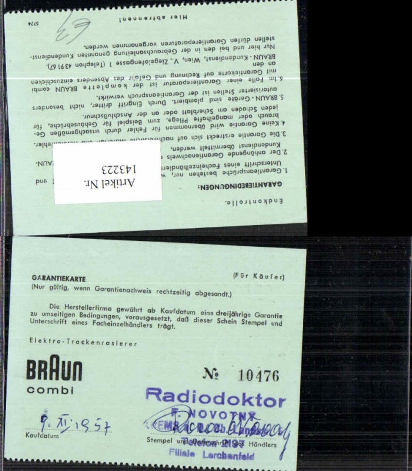 143223,Filiale Lerchenfeld Garantiekarte Stempel Braun 1957