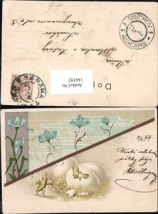 144392,Ostern Jugendstil Küken Litho Blumen Art Nouveau