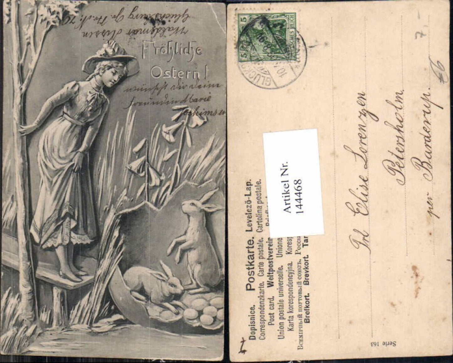 144468,Ostern Tolle AK Jugendstil Frau Hut hase Osterhase