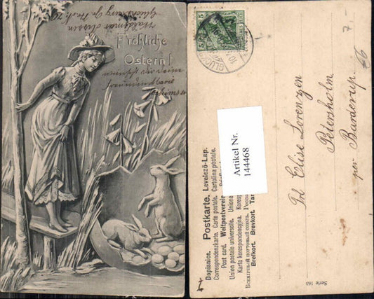 144468,Ostern Tolle AK Jugendstil Frau Hut hase Osterhase