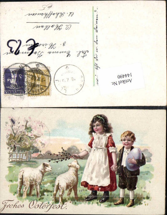 144490, Easter Lithograph Children Sheep Easter Egg Pussy Willow