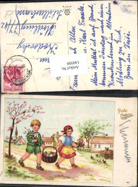 144509, Easter children carry basket Easter eggs G. Milan sign