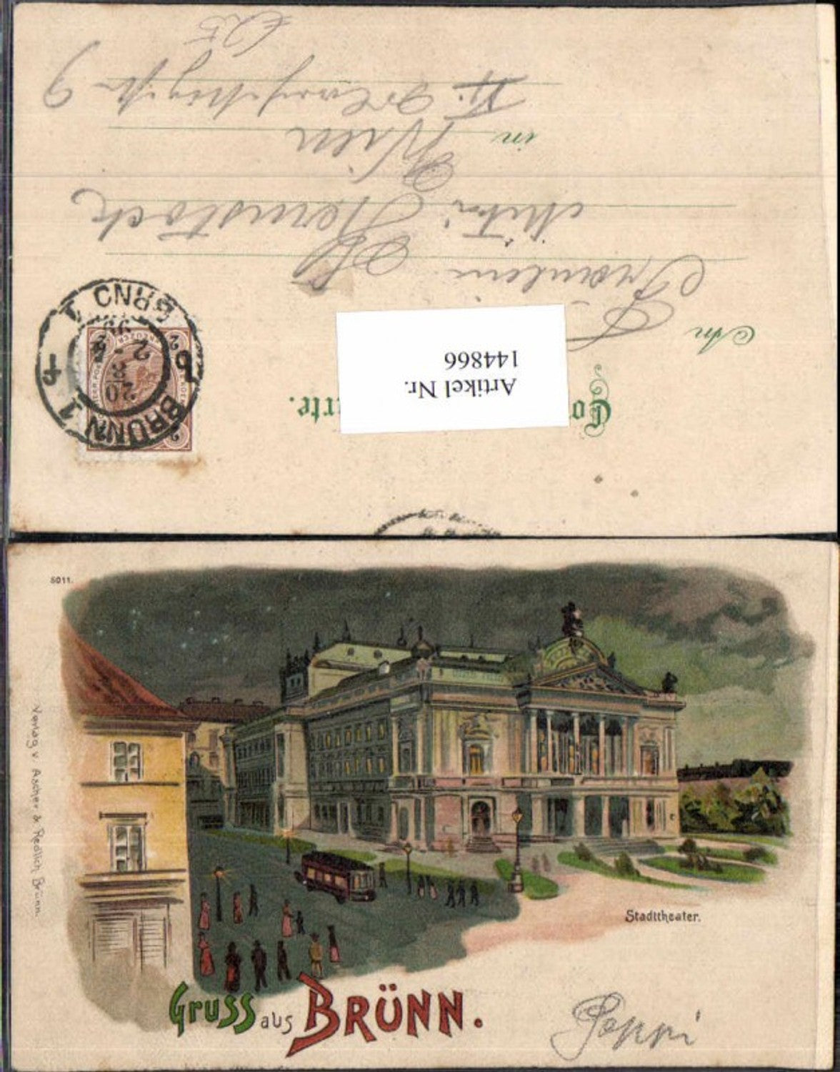 144866,Litho Gruss aus Brünn Brno Stadttheater Theater 1898 pub Ascher & Redlich
