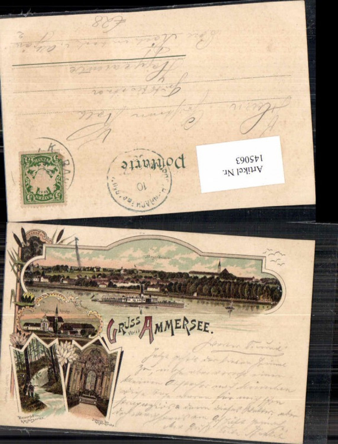 145063,Litho Gruss aus Ammersee Wasserfall Beyerdiessen 1899 Dießen