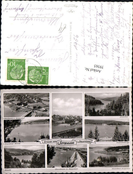 59365,Grüsse vom Sorpesee i Sauerland Mehrbildkarte Staudamm Langscheid Strandbad Amecke Jugendherberge Sorpeidyll 1956