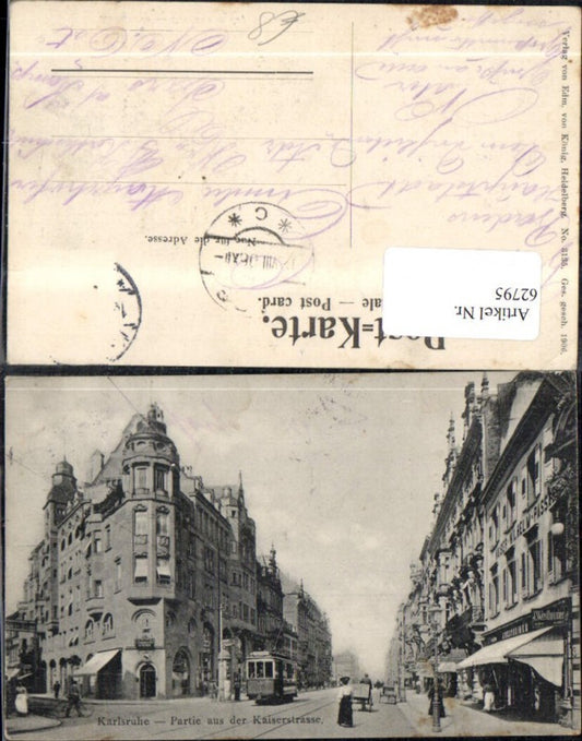 62795, Karlsruhe, view from Kaiserstrasse, street view with tram 34 and people, 1906