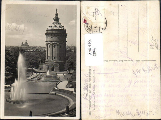 62942, Mannheim The water tower on Friedrichsplatz View of tower and fountain with water jet 1933