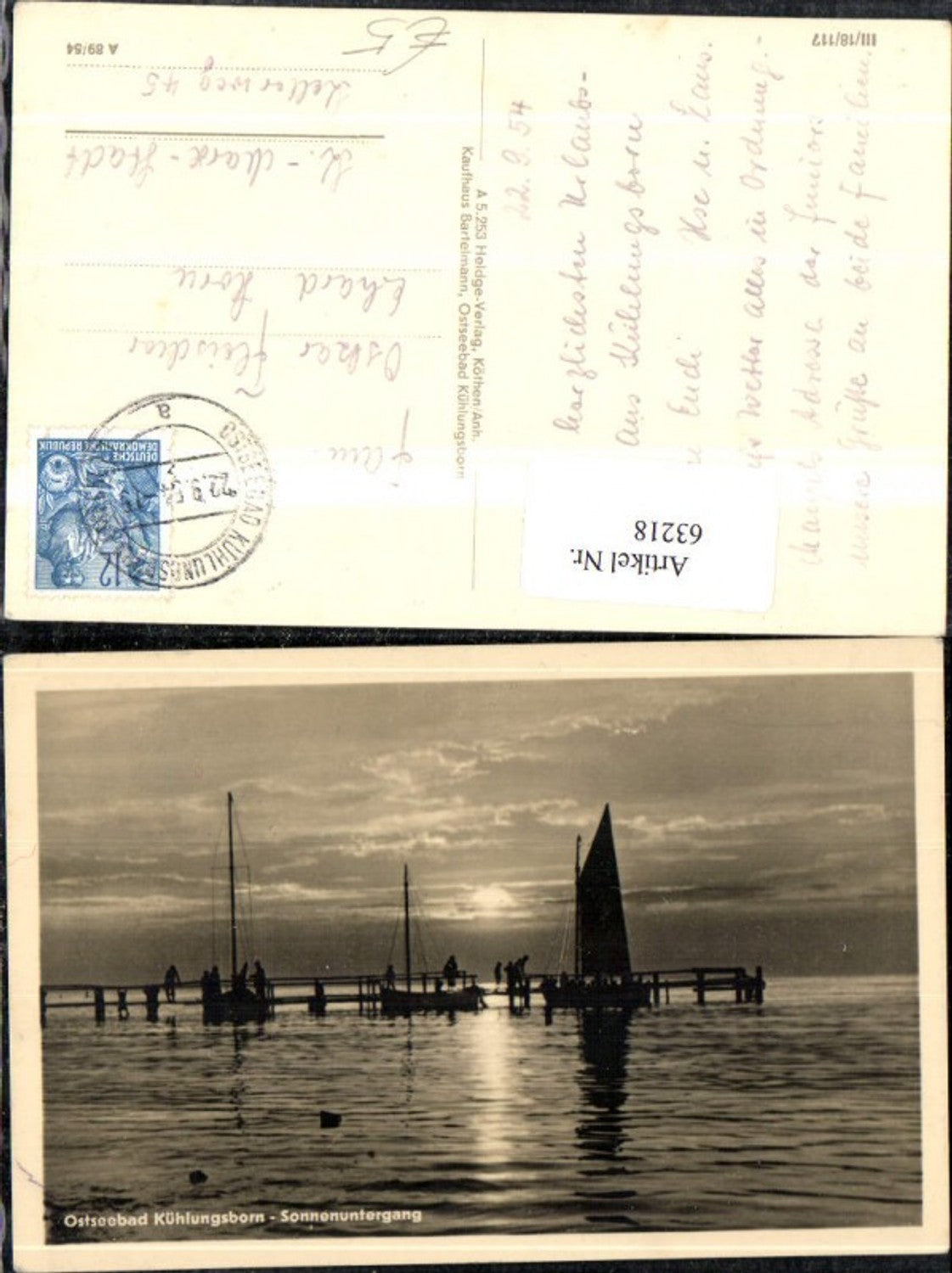 63218,Ostseebad Kühlungsborn Sonnenuntergang Ansicht mit Segelbooten 1954