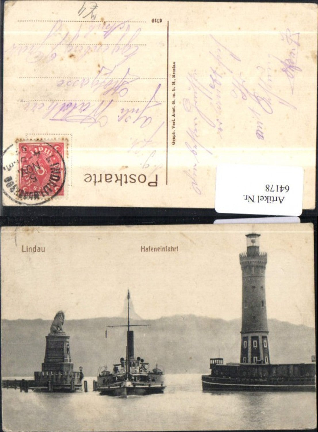 64178,Lindau Hafeneinfahrt Detailansicht mit Dampfer Schiff Leuchtturm u Statue