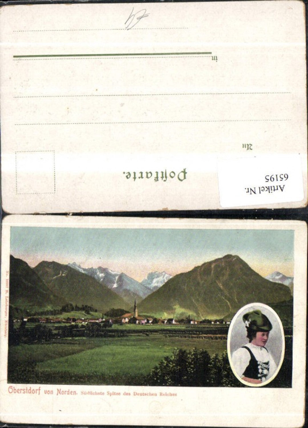 65195,Oberstdorf von Norden Südl Spitze des Deutschen Reiches Totale mit Bauerin in Tracht
