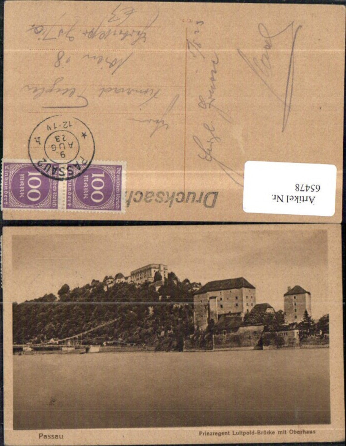 65478,Passau Prinzregent Luitpold Brücke mit Oberhaus Ansicht vom Wasser 1923