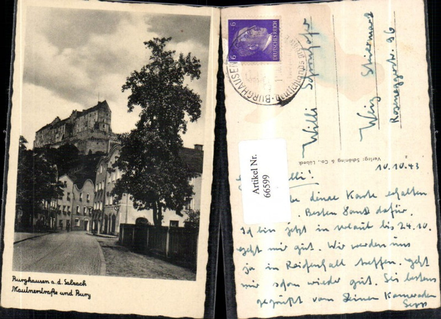 66599, Burghausen on the Salzach River, Mautnerstraße and Burg, street view with the castle on the hill, 1943