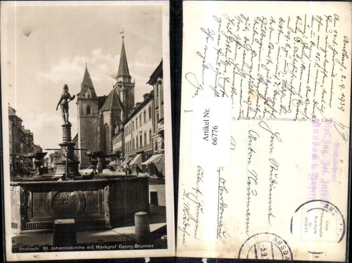 66776,Ansbach St Johanniskirche mit Markgrag Georg Brunnen  Ansicht 1939
