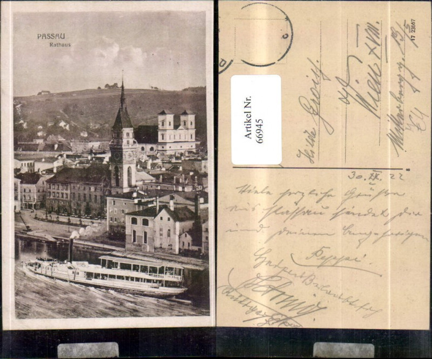 66945,Passau Rathaus Ansicht mit Donau u Dampfer 1922