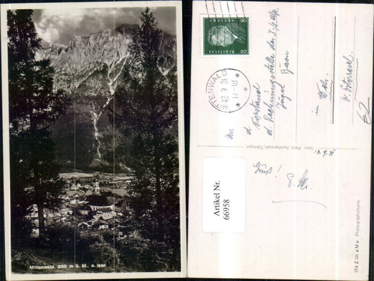 66958, Mittenwald view with trees 1931