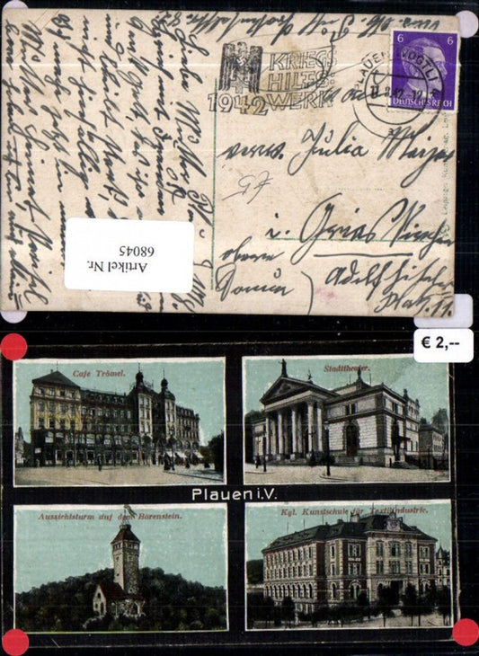 68045,Plauen Cafe Trömel Stadttheater Aussichtsturm auf d Bärenstein Kgl Kunstschule für Textilindustrie 1942