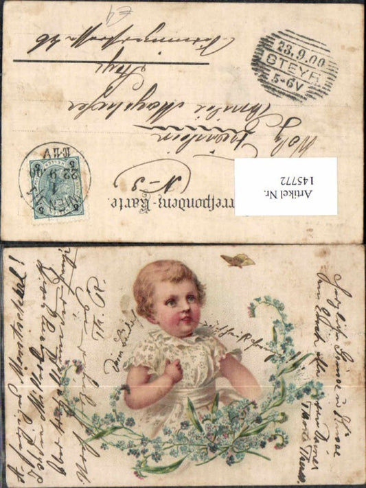 145772,Litho Schmetterling Blumen Kind 1900