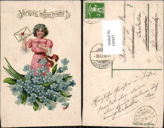 145837,Tolle Präge Litho Blumen Kind Brief Siegel Herz Vergissmeinnicht gel Männedorf
