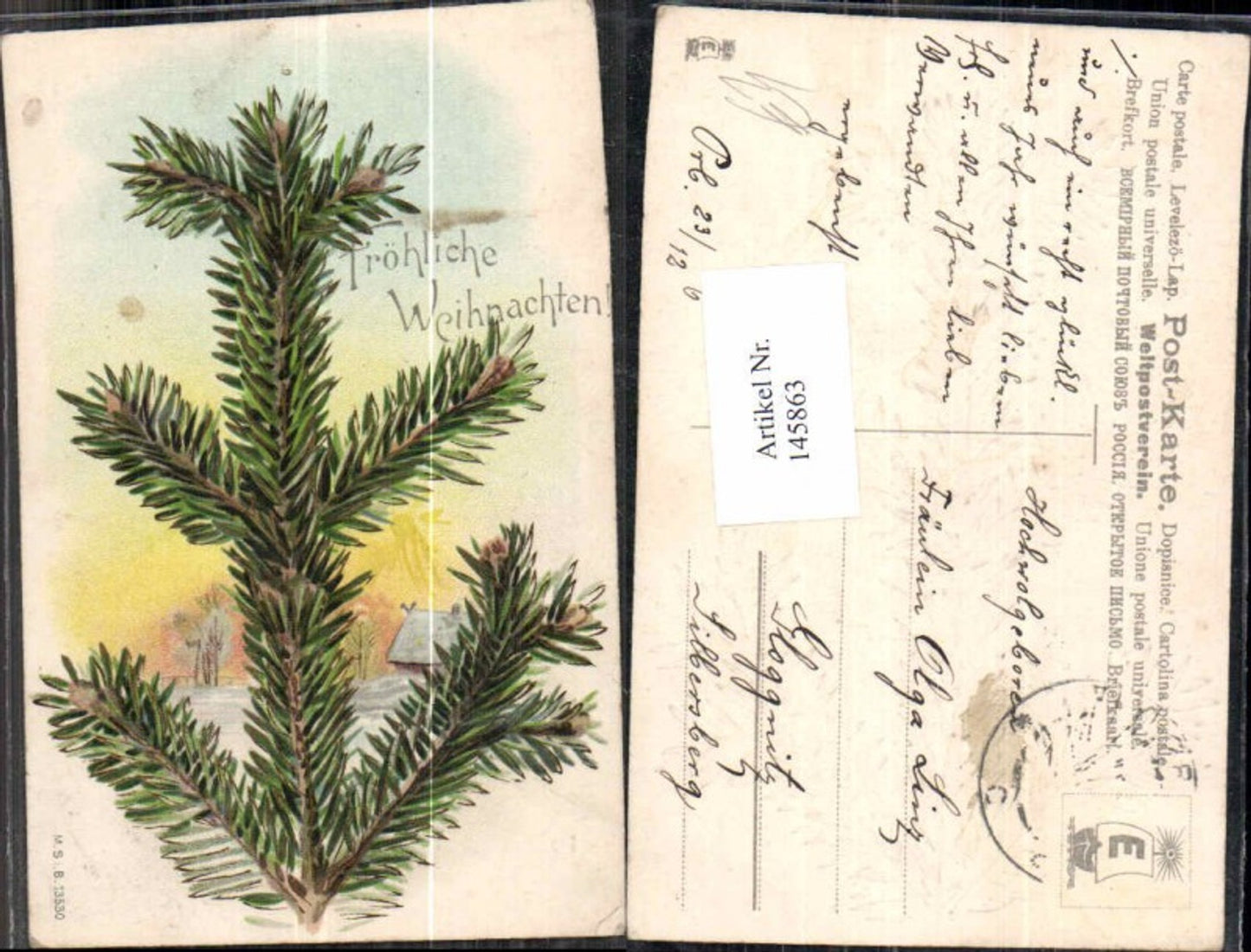 145863, Christmas Lithograph Fir Branch Close-up