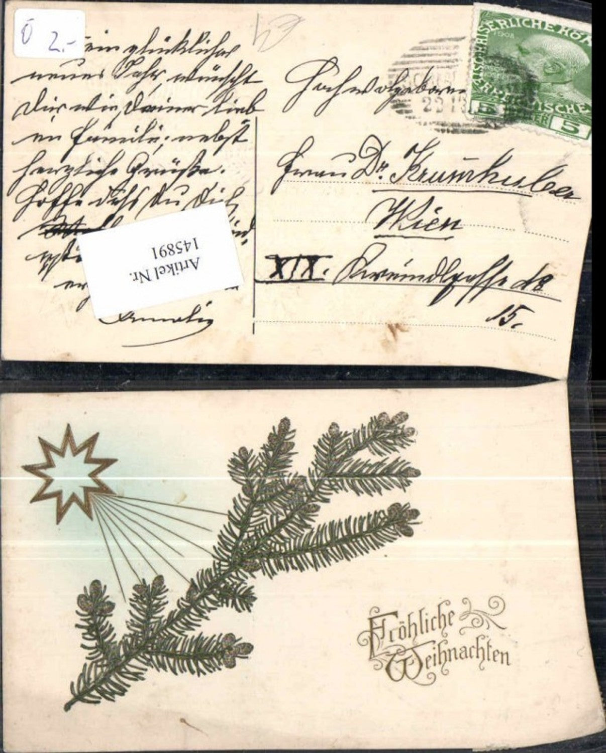 145891, Christmas Great embossing postcard Fir branch Star 1900