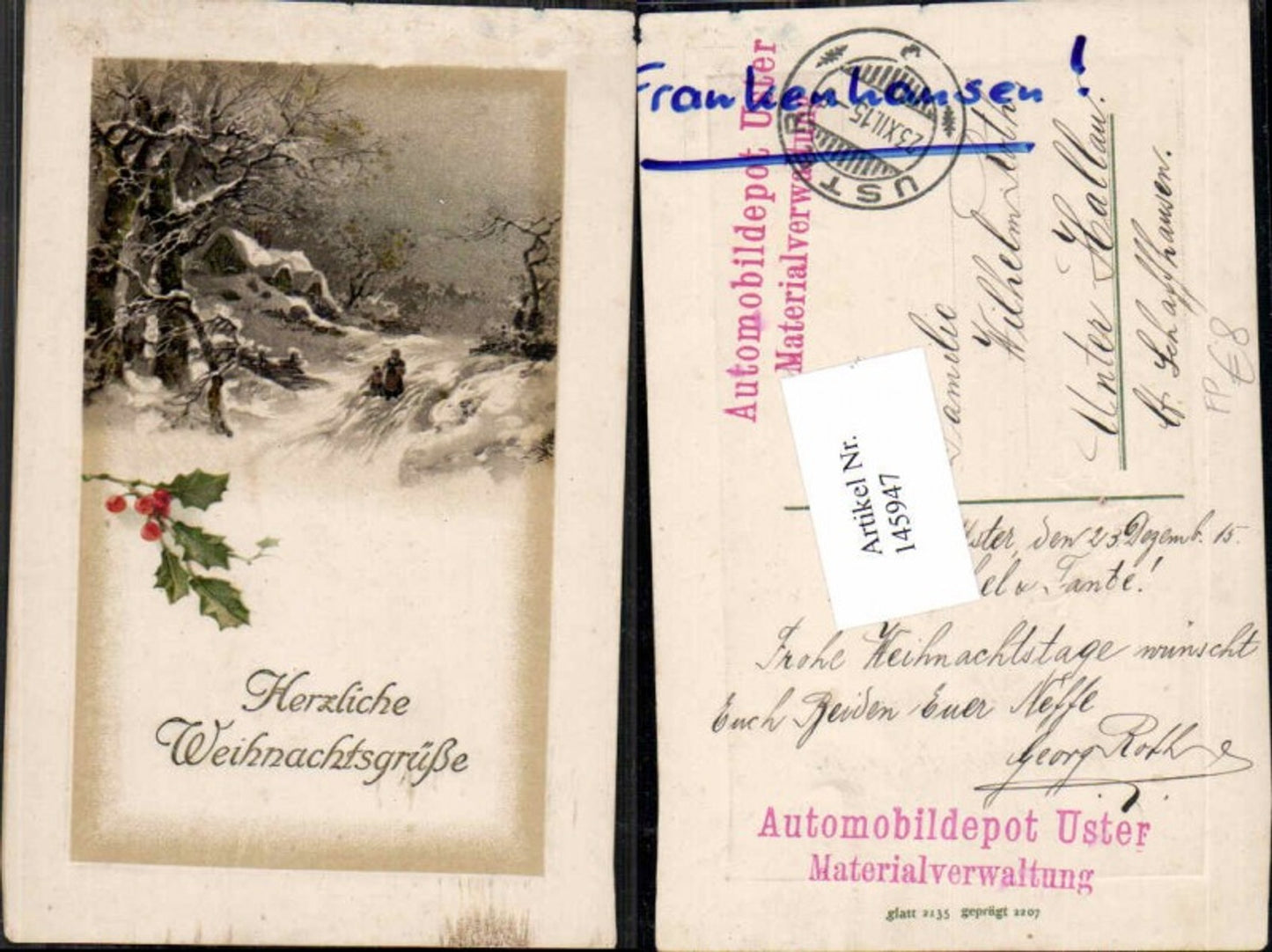 145947, Christmas Forest field post Automobile depot Uster 1915