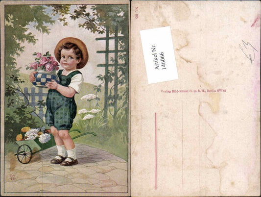 146066,Süsses Kind m. Rosen Blumen Hut Leiterwagen