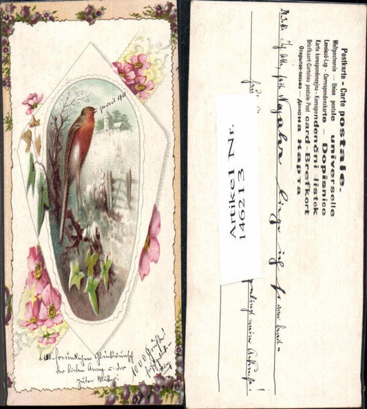 146213,Litho VOgel Blumen verziert