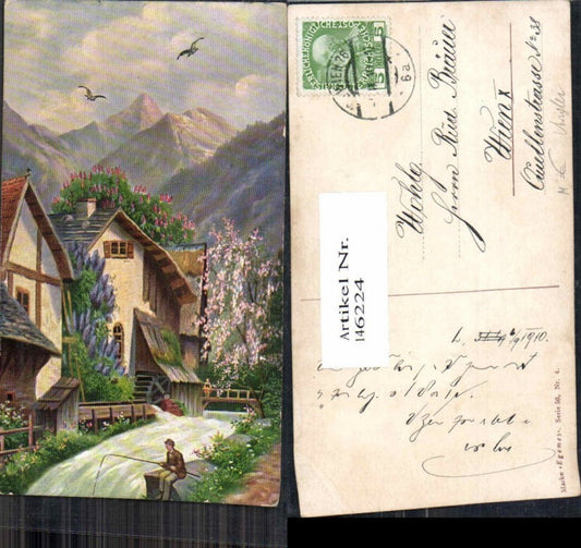 146224,Angler am Bach angeln fischen Fischer Wassermühle Mühle Wasserrad