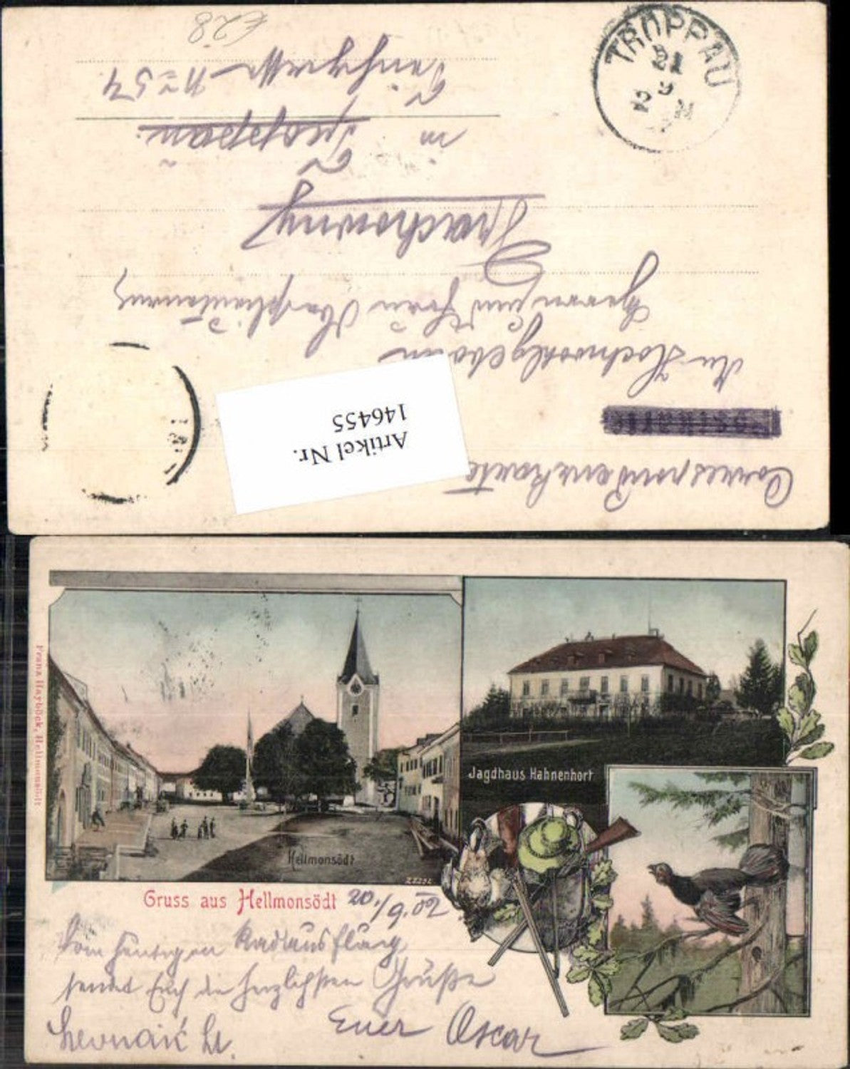 146455,Litho Gruss aus Hellmonsödt bei Linz Urfahr Hahnenhort Auerhahn Jagd