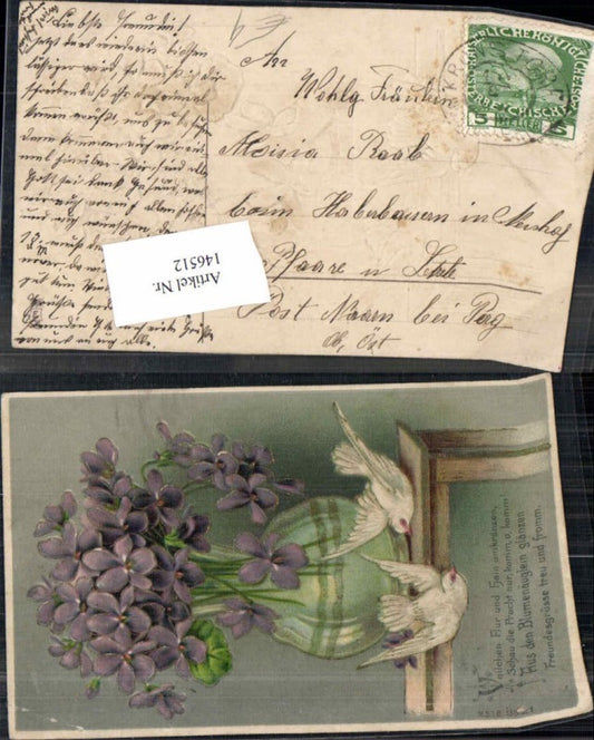 146512, Great embossed lithograph bird, birds, vase, flowers, forget-me-not