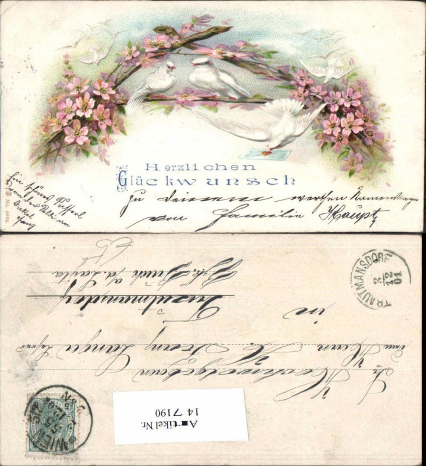 147190,Litho Tauben Vogel Brief Blumen