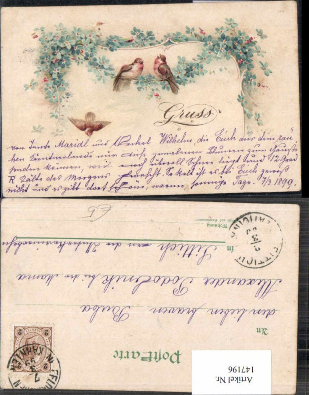 147196, Lithograph Bird Flowers Greeting from 1899 Violets yellow Feldkirchen Carinthia