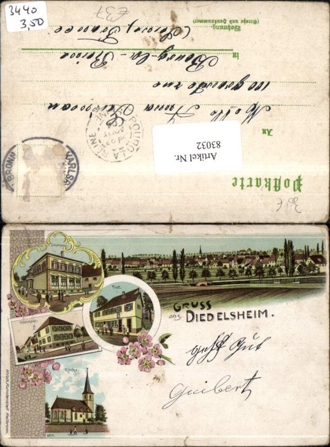 83032,Litho Gruß aus Diedelsheim b. Bretten Post Pfarrhaus Schulhaus Kirche