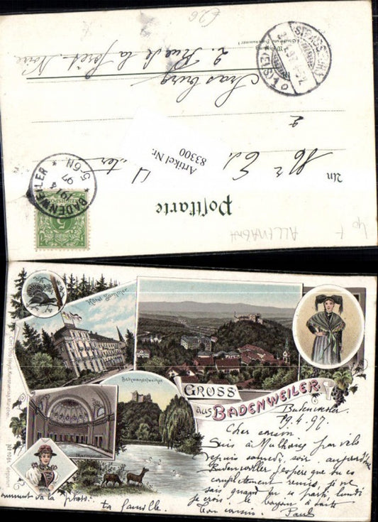 83300, Lithograph Greetings from Badenweiler Hotel Sommer Marble Bath