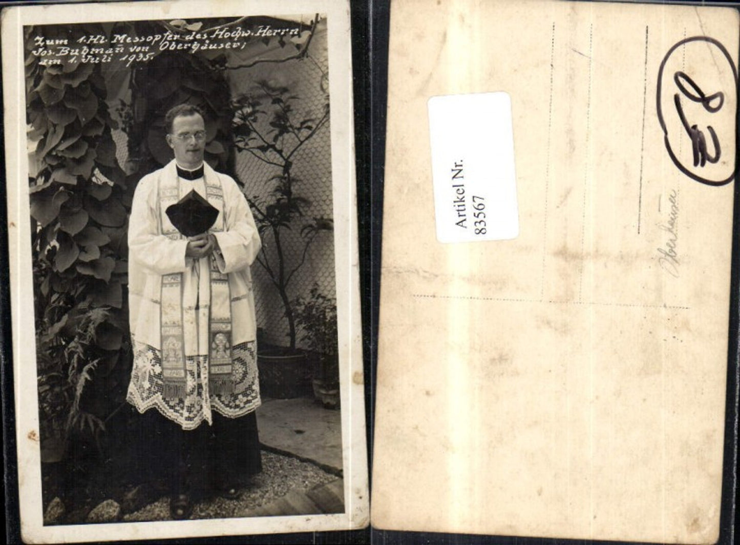 83567,Oberhäuser Heilige Messeopfer des Hochw. Bubman am 1.7.1935