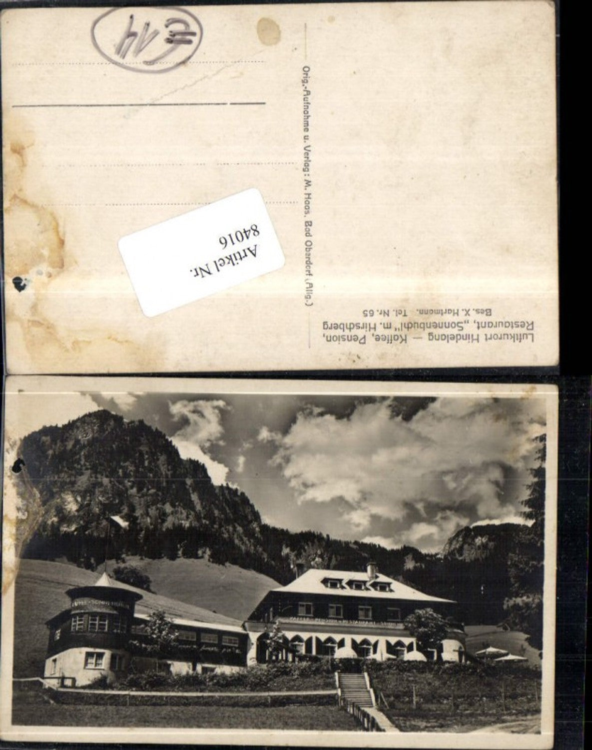 84016,Foto AK Luftkurort Hindelang Gasthaus Cafe Sonnenbüchl mit Hirschberg