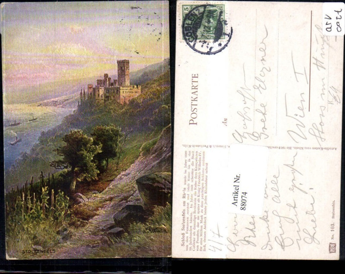 88074,Schloß Stolzenfels am Rhein Künstlerkarte n. Astudin 1913